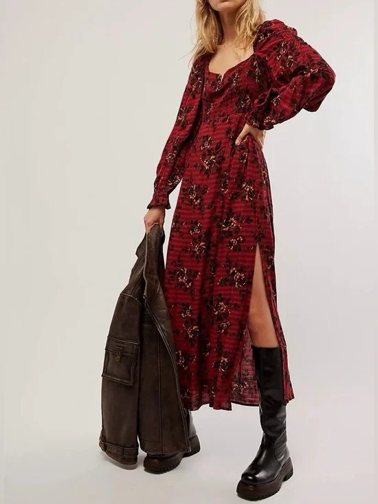 Free People Jaymes Maxi Dress Burgundy Floral Smocked Long Sleeve 36437 - Picture 3 of 11